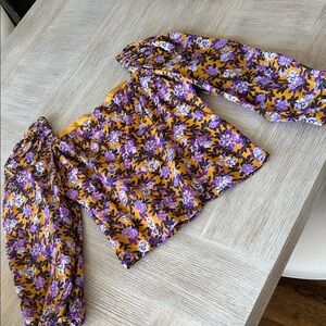 Square-Neck Puff-Sleeve Floral Blouse — Yellow Purple